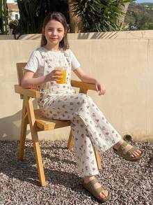 DAZY Ditsy Floral Sleeveless Straight Leg Pants For Tween Girls Denim Overalls And Jumpsuits Fall - White - View 6