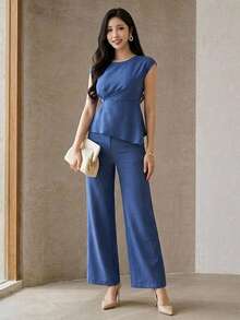 DAZY Conjunto de ropa de verano para vacaciones y oficina ligera para mujer, top elegante y pantalones de pierna ancha, conjunto de 2 piezas - Azul - Ver 4