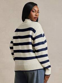 Radiana Curve Plus Size Women's Striped Stand Collar Drop Shoulder Long Sleeve Casual Sweater In Fall/Winter - Blue and White - View 8