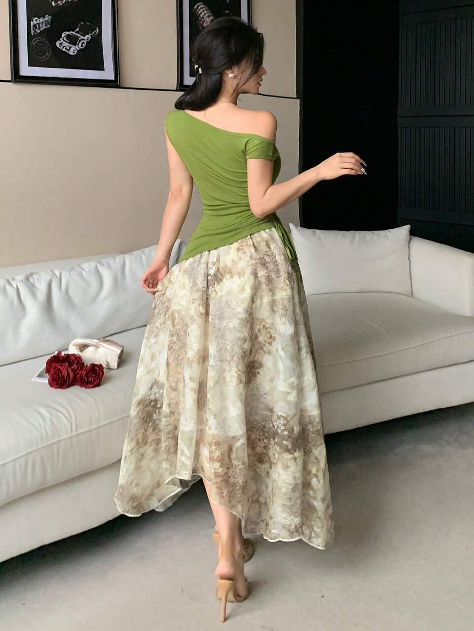 Women's 2 Pieces Summer Set With Cinched Waist, Asymmetrical Hem, Large Flared Printed Skirt Lounge Sets For Women