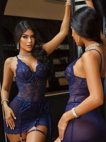 Seduluxe Classic Lace Mesh Patchwork Sexy Jumpsuit 3-Piece Set - Royal Blue - View 3