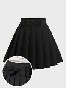 SHEIN Tween女孩 春夏返校季 梭織黑色蝴蝶結休閒百褶裙 - 黑色 - 查看 8