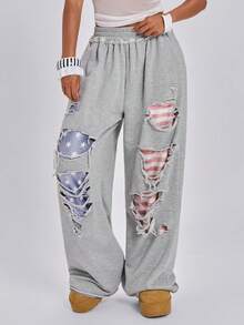 ROMWE Spring/Summer Y2K Hot Girl Street Music Festival Sports Festival Distressed Patchwork American Flag Print Loose Wide Leg Low Waist Sweatpants Long - Grey - View 6