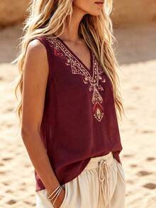 Linhara CURVE Plus Size Bohemian Boho Style Embroidered Sleeveless Burgundy Vest Vacation Summer - Burgundy - View 4