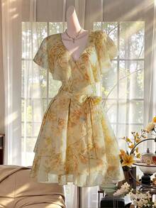 Celisse Semi-Transparent Ruffle Trim Collar Short Dress Digital Print Slim Yellow Floral V-Neck Ruffle Chiffon Mini Dress - Pale Yellow - View 5