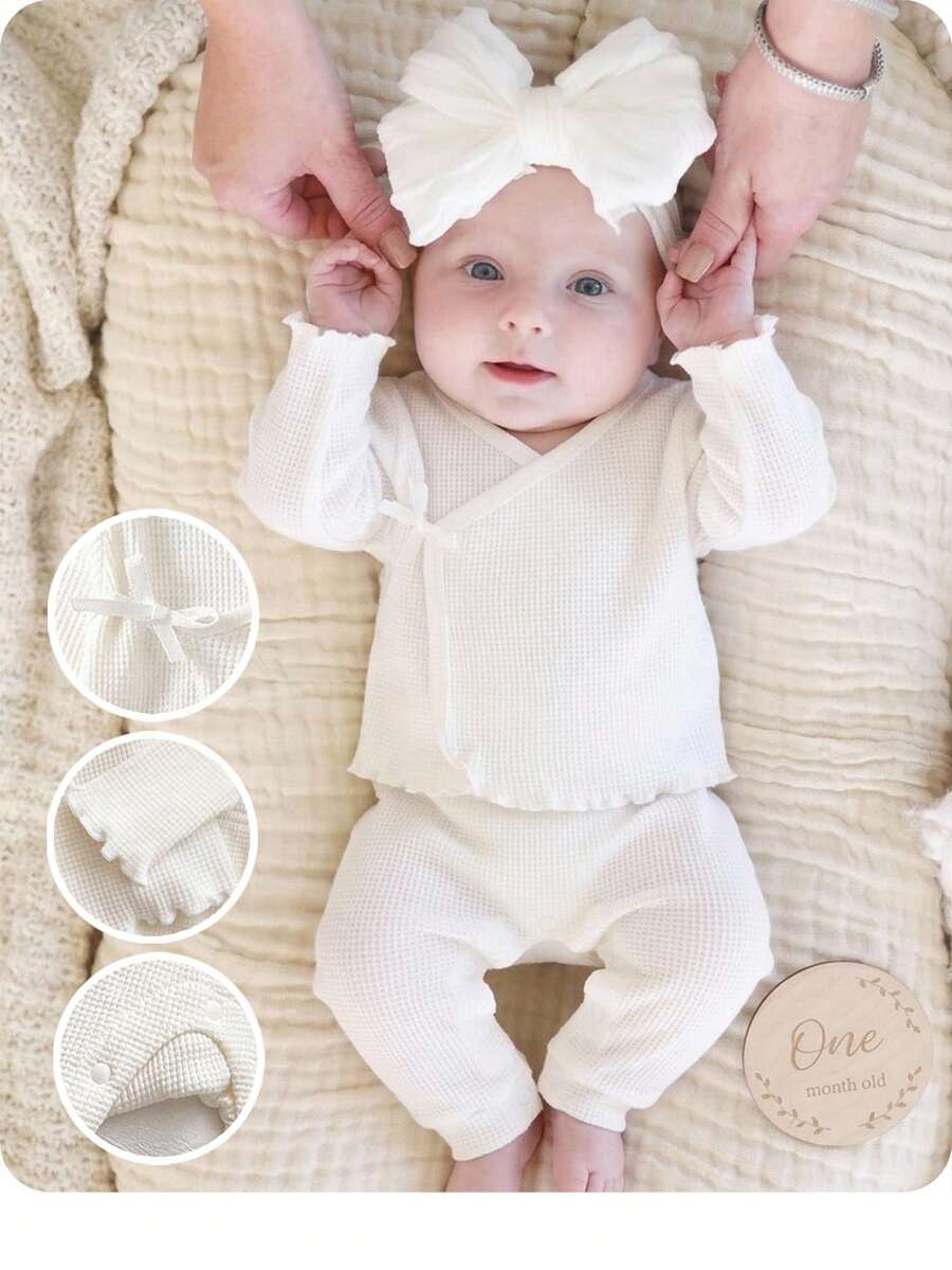 SHEIN Set Baju Rajut Lengan Panjang dan Celana Panjang Kasual Nyaman Warna Polos untuk Bayi Perempuan Baru Lahir - Krem - View 1