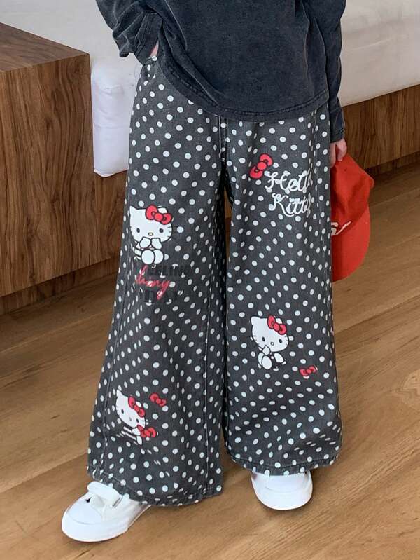 HELLO KITTY | DAZY 直筒可愛 KT 貓波點水洗牛仔褲，適合前青春期女孩