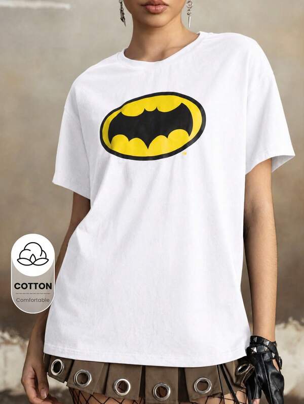 BATMAN X SHEIN 女款夏季休閒蝙蝠印花T恤