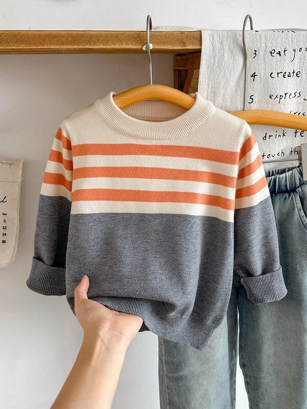 SHEIN Boys' Round Neck Striped Color Block Basic Versatile (Small) Knit Sweater, Round Neck And Long Sleeve Design, Soft Loose Fit And Multi-Purpose Elegant Style, Cute Soft Fashion Sweater Top, Easy To Pair With Jeans, Suitable For Daily Wear, Outings And Outdoor Travel