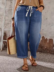 EMERY ROSE EMERY ROSE Plus Size Women's Drawstring Waist Pocket Casual Versatile Daily Wear Denim Jeans - Dark Wash - View 3