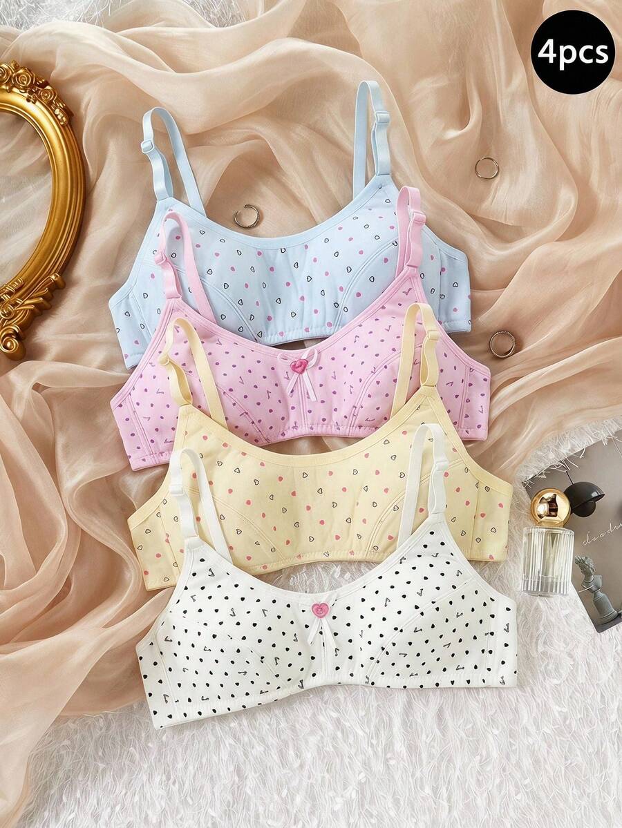 Genkimix Kids 4pcs/Set Tween Girls Cartoon Polka Dot All-Over Print Cute Girls Bra & Underwear Set, Comfortable For All Seasons Autumn Fall - Multicolor - View 1