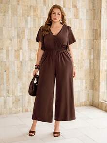 Roveilla Plus Size Women's Solid Color V-Neck Button-Up Waist-Cinching Elastic Adjustable Loose Wide Leg Long Pants Umbrella Sleeve Short Sleeve Brown Jumpsuit - Brown - View 8