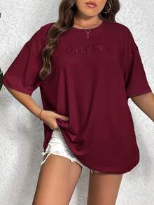 Shapeblank Plus Embroidery Letter Pattern Drop Shoulder Tee Plus Size T Shirt Girls - Burgundy - View 7
