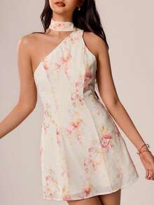 Willow Rêve Women's Pink Floral Halter Neck Scarf One-Shoulder Mini Dress, Romantic Elegant Wedding Style, Boho Style, Summer Garden Party Brunch - Beige - View 7