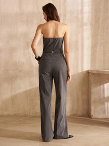 MOTF PREMIUM MACACÃO CINZA LISTRADO SEM ALÇAS PARA MULHERES, ESTILO COMUTADOR DA MODA, OUTONO/INVERNO - Cinza - Visão 3