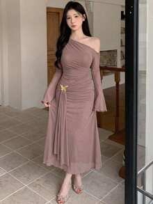 DAZY Elegant Solid Color Asymmetric Ruched Butterfly Decor Fishtail Midi Dress For Women, Autumn Sundress - Pink - View 7