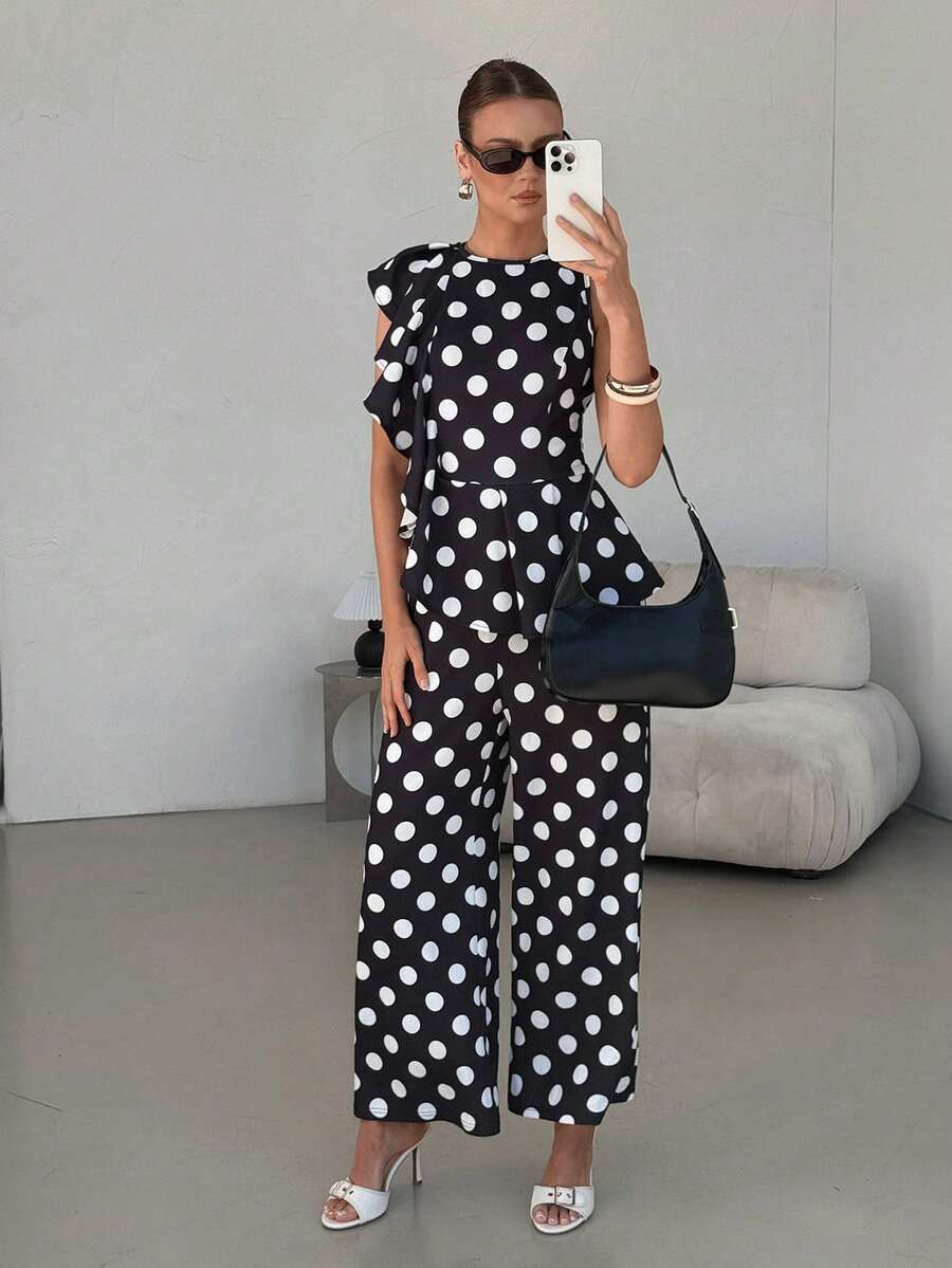 SHEIN Clasi 女士不对称荷叶边下摆优雅无袖连体裤,两件套优雅女士裤装套装,适合女士优雅连体裤、婚礼夏季裤装套装、新娘母亲裤装套装、春夏女装、复活节、优雅派对装、沙滩装、母亲毕业礼服、毕业礼服、伴娘礼服、婚礼宾客礼服、婚礼、女士度假装、夏季假日装、女士正式服装、Y2K风格、女士办公室服装 - 黑與白 - 查看 1