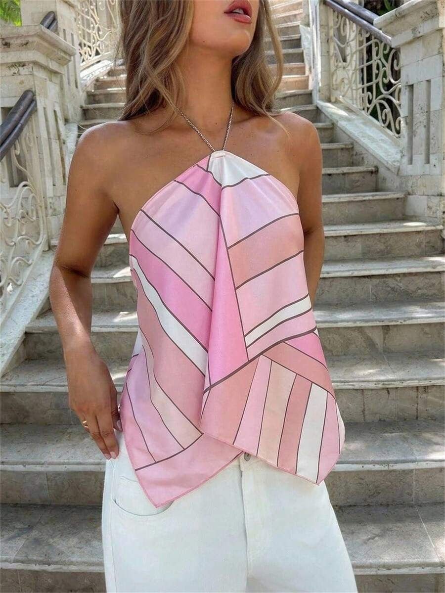 Aloruh Women's Elegant Tropical Dusty Pink Chiffon Printed Halter Neck Tie-Up Beach Holiday Night Out Vacation Vacation Top Summer - Pink - View 1