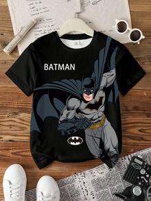 BATMAN X SHEIN 青少年男孩夏季休閒卡通印花T恤 - 白色 - 查看 3