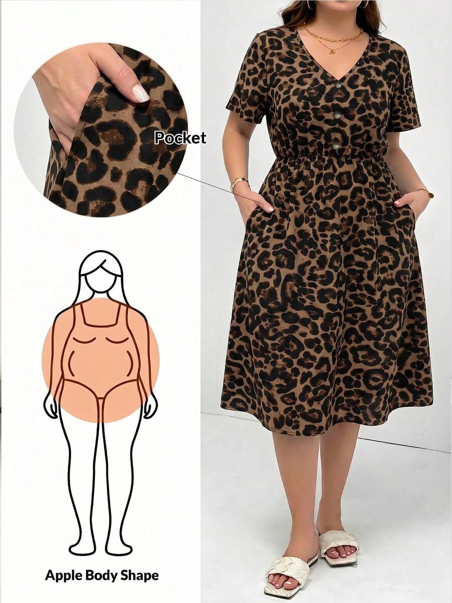 SHEIN Essnce 休閒簡約度假風優雅浪漫復古豹紋大碼V領短袖洋裝,女款通勤穿搭,音樂節適用 - 彩色 - 查看 1