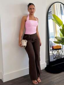 leahseptember Solid Color Pleated Halter Neck For Summer, Form-Fitting Top,Business Casual Top,Office Wear, Baby Pink Backless Women - Baby Pink - View 2