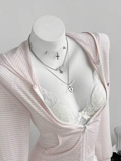 Elamini Áo khoác nhẹ nữ màu hồng kẻ sọc tay dài có mũ, họa tiết nơ, phong cách preppy, phù hợp đi chơi hàng ngày và du lịch