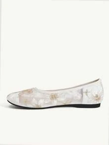 CUCCOO CHICEST Floral Embroidered Round Toe Flat Shoes, See Through Mesh Low Vamp Shoes, Commuter Dating Women's Shoes - White - View 5