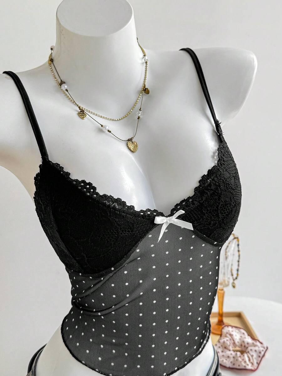 Elamini 女款蕾絲拼接蝴蝶結裝飾細肩帶背心 - 黑色 - 查看 1