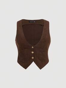 SHEIN MOD Plus Button Front Vest Jacket Winter Fall Autumn - Coffee Brown - View 1