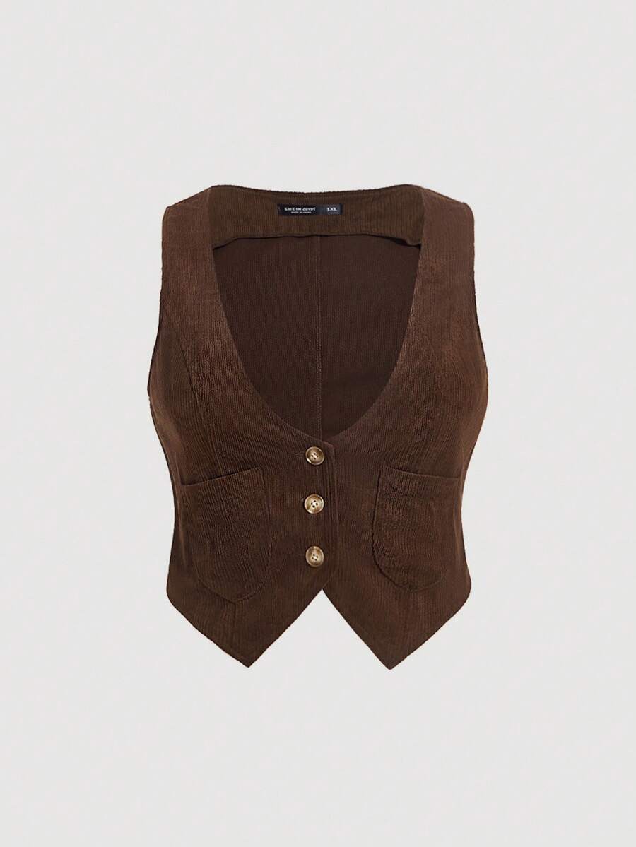 SHEIN MOD Plus Button Front Vest Jacket Winter Fall Autumn - Coffee Brown - View 1