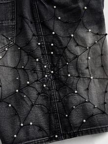 ROMWE MEN Men's Spider Web Pearl Rivet Loose Denim Shorts - Black - View 2