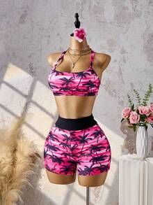 Swim Lushoire New Pink Coconut Print Swimwear, Backless Tie-Up Sporty Conservative Swimwear For Women, Black Outer Layer + Backless Inner Layer + Boy Shorts, Slimming And Tummy-Covering Vacation Swimwear - Multicolor - View 4