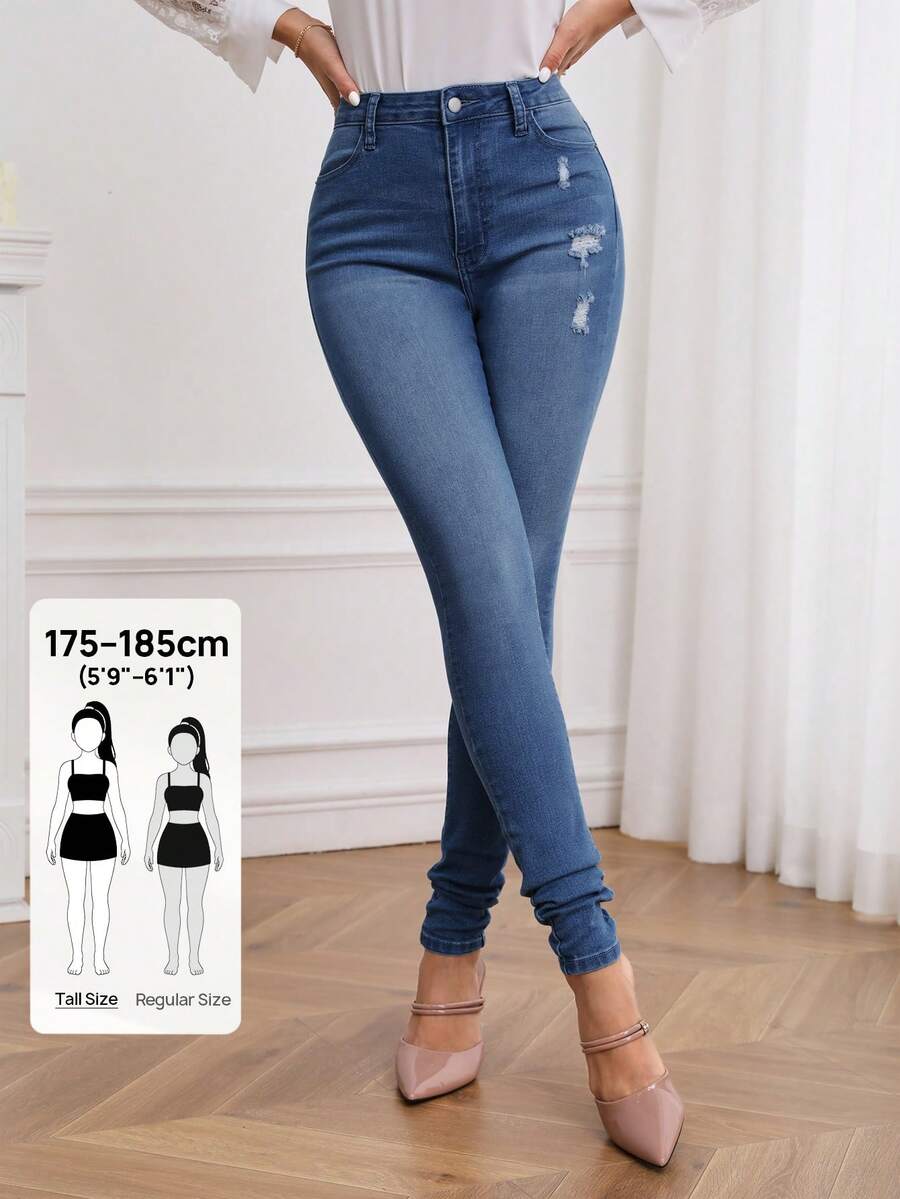 SHEIN Tall 女款修身水洗牛仔褲,適合高個女性 - 深色水洗藍 - 查看 1