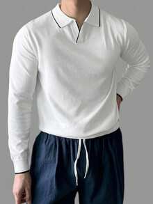 DAZY Spring/Autumn Long Sleeve Half-Button Solid White/Black Trim Men's Knit Top - White - View 6