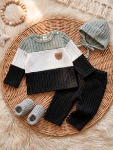 SHEIN Vintaside Kids 新生兒羅紋布料熊圖案上衣口袋設計休閒基礎男嬰套裝 - 彩色 - 查看 3
