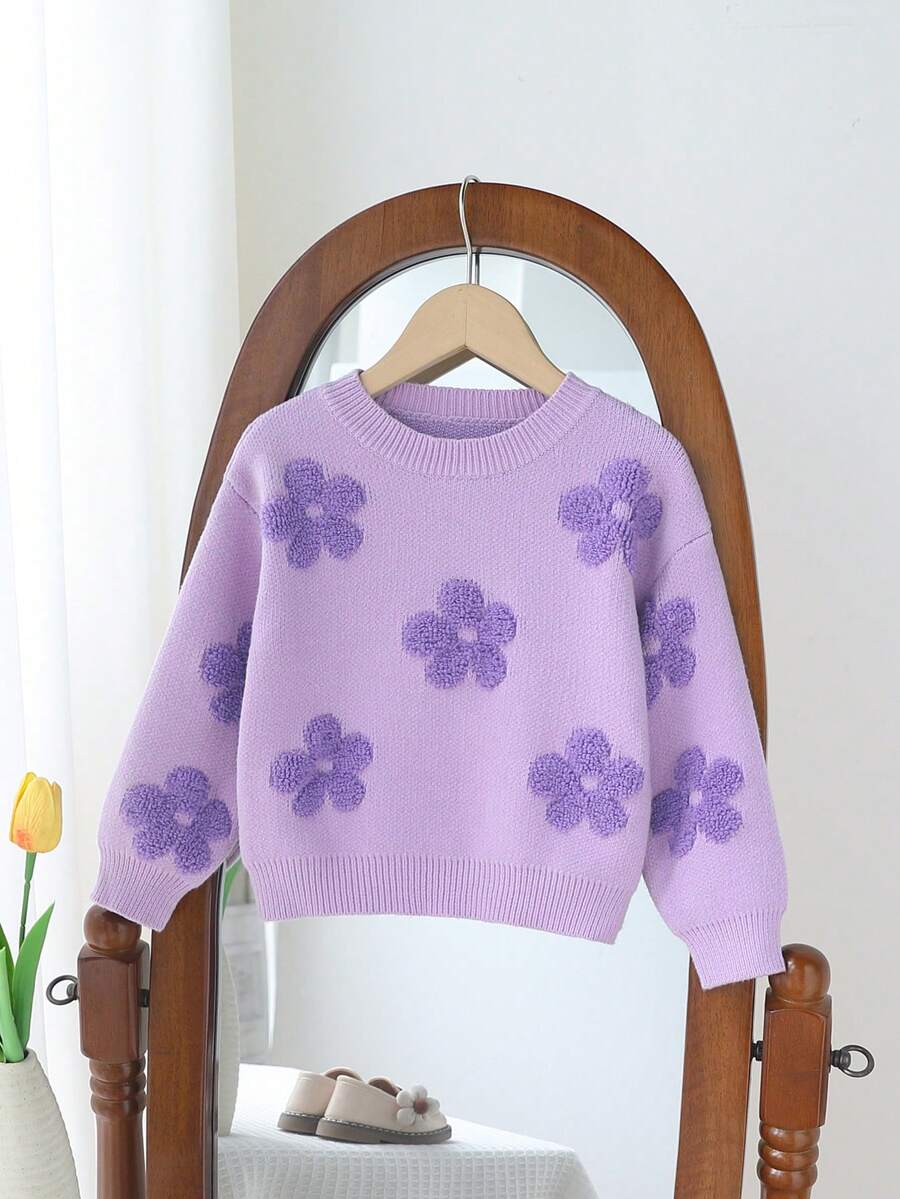 SHEIN Vintaside Kids 女童大童紫色與淺紫色圓領3D提花軟針織套頭上衣,可愛甜美簡約長袖,適合秋冬居家、外出、派對、拍照與戶外玩耍 - 紫色 - 查看 1