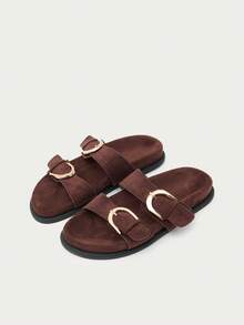 Nöista Modern Double Strap Sandals, Soft Brown Suede Effect, With Oversized Gold Buckle And Cushioned Insole - Coffee Brown - View 1