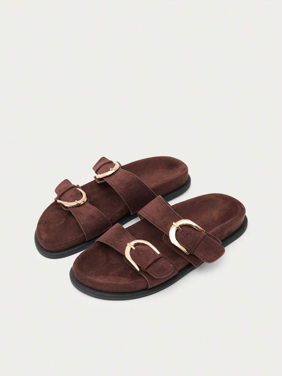 Nöista Modern Double Strap Sandals, Soft Brown Suede Effect, With Oversized Gold Buckle And Cushioned Insole - Coffee Brown - View 1