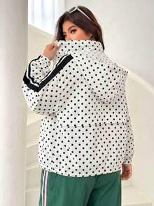 SHEIN EZwear 女款大尺碼波點拉鍊口袋長袖連帽夾克 - 黑與白 - 查看 8