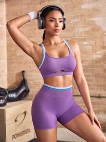 Powerista Women's Colorblock Trim Tank Top And Shorts Sports Set - Purple - View 8