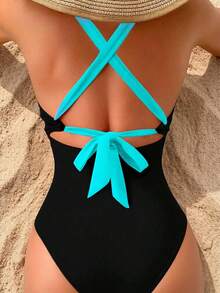 SHEIN Swim 女款對比色交叉綁帶式一件式夏季海灘泳衣 - 彩色 - 查看 2
