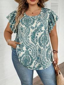 SHEIN CURVE+ Damen Große Größen Bluse mit Blume Muster, rundem Ausschnitt und Rüschenärmeln, locker geschnitten, Sommer Urlaubs Landhausstil - Grün - Übersicht 3