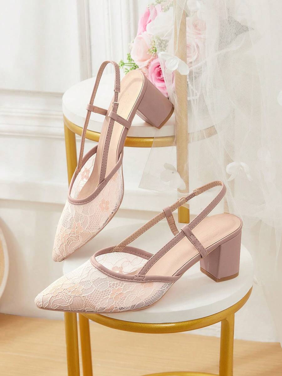 CUCCOO HITCHD 女款夏季透氣花朵蕾絲網布尖頭粗跟中跟優雅浪漫粉色高跟鞋,適合約會下午茶 - 藕粉2 - 查看 1