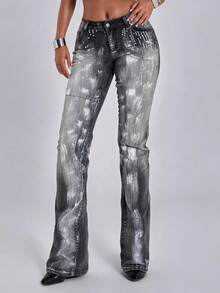 ACID BLVD Fall Y2K Hot Street Style Rhinestone Sequin Embroidered Pocket Distressed Washed Ultra Low Waist Straight Leg Slim Fit Bootcut Jeans - Black - View 6