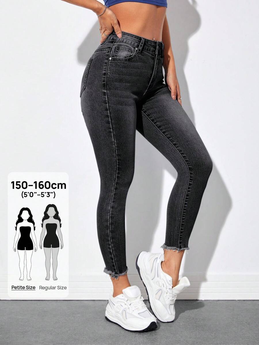 SHEIN PETITE 女款口袋拉鍊時尚修身九分牛仔褲,適合嬌小女性 - 黑色 - 查看 1