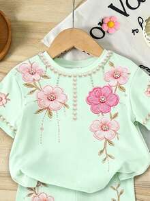 2件組女嬰水果綠夏季可愛3D刺繡大花珍珠印花休閒簡約短袖圓領T恤與修身配套短褲套裝，戶外可愛夏季女嬰穿搭，韓風，返校季 - 彩色 - 查看 4