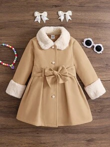 Emery Rose Kids Emery Rose Kids 少女秋冬百搭時尚拼接毛絨領中長版大衣，保暖內裡羊毛外套，秋冬外套 - 駝色 - 查看 9