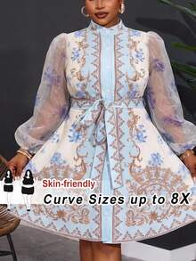 SHEIN CURVE+ Autumn Elegant Party Brunch Tea Party Wedding Guest French Romantic Palace Style Collared Shirt Dress, Sheer Mesh Lantern Sleeve, Waist Tie Fall - Multicolor - View 1