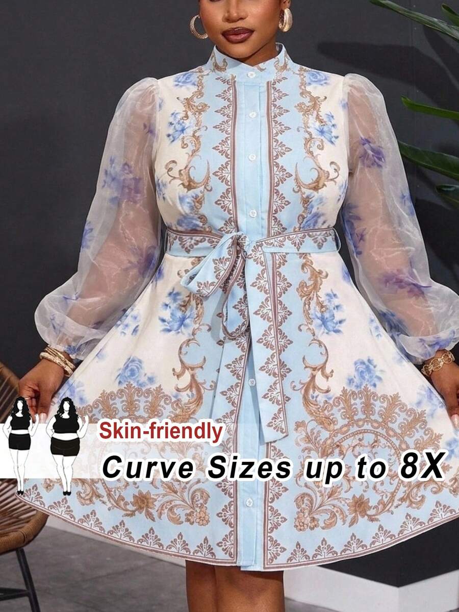 SHEIN CURVE+ Autumn Elegant Party Brunch Tea Party Wedding Guest French Romantic Palace Style Collared Shirt Dress, Sheer Mesh Lantern Sleeve, Waist Tie Fall - Multicolor - View 1
