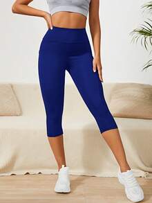 SHEIN Sports 純色高腰無縫運動緊身褲 - 寶藍色 - 查看 3